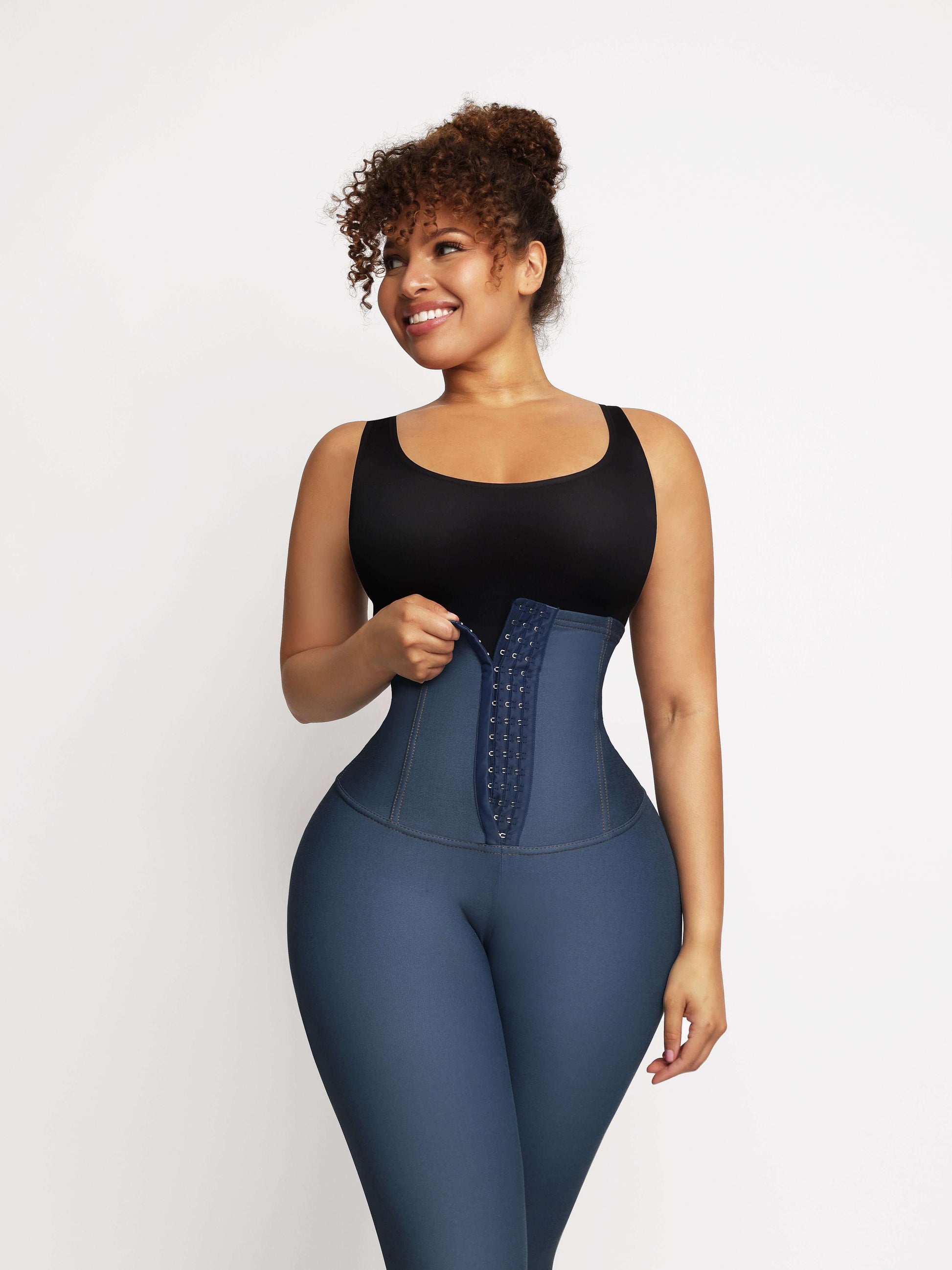 High-waisted Three-breasted Belted Tummy-control Denim Trousers